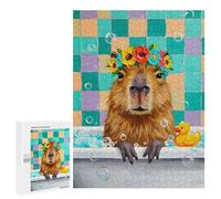 Puzzles pour Adultes 500 Pièces Puzzles Capybara dans Baignoire avec Couronne de Fleurs pour Adultes Jeux de Famille Soulagement du Stress Interaction Parent-Enfant 500 pièces