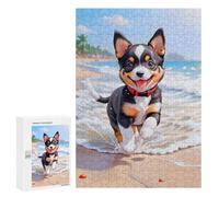 Puzzles pour Adultes A Very Cute Adorable Puppy, Black Red White Combined Complexion, Playing at Sea Beach, Ver Puzzles Anti-Stress pour Adultes - Décoration Parfaite - Difficile Et Stimulant 300 PCS
