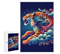 Puzzles pour Adultes A Vibrant, Stylized Tiger with Flowing Mane and Body, Emerging from Clouds Against A Starr Puzzles pour Adultes : Jouets Anti-Stress, mais Aussi Cadeaux Amusants Et Humoristiques