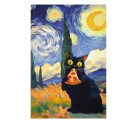 Puzzles pour Adultes Black Cat Eating Pizza Starry Night Puzzle pour Adultes - Jeu Manuel - Améliore La Mémoire - Cadeaux d'anniversaire Et Cadeaux Uniques 75x50cm/1000pcs
