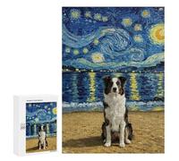 Puzzles pour Adultes Border Collie Dog on Beach with Starry Night Puzzles pour Adultes - Décoration Murale - Cadeaux Souvenirs pour Vos Proches 300 PCS