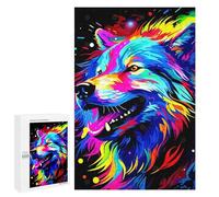 Puzzles pour Adultes Colorful Wolf Portrait on Black Background Puzzle : Jeu Manuel Amusant Et Humoristique, Cadeau d'anniversaire, Cadeaux, 1000 PCS
