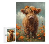 Puzzles pour Adultes Cute Cow with Flower Crown Puzzle pour Adolescents Améliore La Mémoire Difficile Et Stimulant Idéal comme Cadeau 500 PCS