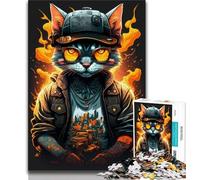 Puzzles pour Adultes Cyberpunk Fire Cat Puzzles pour Adolescents Jeu Familial Anti-Stress défi Difficile Cadeaux du Père Noël Secret (26x38cm)
