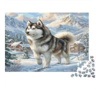 Puzzles pour Adultes de 1000 pièces Alaskan Malamute, Husky dans Un Village Enneigé Jeux Éducatifs Adaptés à la Décompression 52x38cm/1000pcs