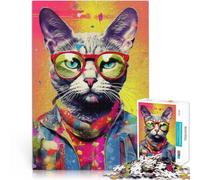 Puzzles pour Adultes de 1000 pièces Portrait de Chat Hipster Nerd Jouet éducatif Anti-Stress Décoration Parfaite 75x50cm