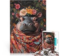 Puzzles pour Adultes de 2000 pièces Portrait d'hippopotame Floral Fait de Papier，Convient aux Personnes âgées de 14 Ans et Plus Jeu de défi Unique Cadeau pour Les Anniversaires。Taille：70x100cm