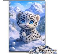 Puzzles pour Adultes et Adolescents 1000 pièces Bébé léopard des neiges Jeu Stimulant et Jeu Familial Décoration Murale Cadeaux d'anniversaire et de Noël Uniques 50x75cm
