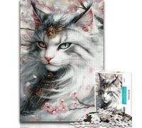 Puzzles pour Adultes et Adolescents, 1000 pièces, Chat Ninja Japonais, Anti-Stress, défi Difficile avec Affiche et fiche de Questions-réponses (38x26cm)