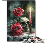 Puzzles pour Adultes et Adolescents 1000 pièces Crâne Rose Rouge Bougie, Jeu Stimulant et Jeu Familial avec des pièces entièrement emboîtables de Formes aléatoires (Taille 26x38cm)