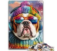 Puzzles pour Adultes et Adolescents 1000 pièces Puzzle Bulldog écoutant de la Musique pour 14 Ans et Plus Difficile à compléter mais Amusant et Humoristique Cadeau d'anniversaire 50x75cm