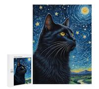 Puzzles pour Adultes Et Adolescents Black Cat Starry Night Puzzle, Jouet, Décoration Murale, Art Mural, Cadeaux d'anniversaire Et Cadeaux Uniques 500 PCS