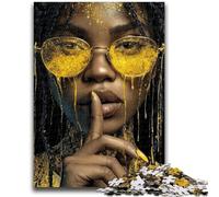 Puzzles pour Adultes et Adolescents Femme Noire avec des Lunettes Jaunes Puzzles pour Adultes, Jeu Stimulant pour Toute la Famille, Cadeaux pour Hommes (50x75cm)