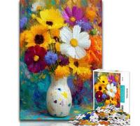 Puzzles pour Adultes et Adolescents Fleurs dans Un Vase Peinture, Anti-Stress Staycation Tuer Le Temps avec Affiche Assortie et Feuille de Quiz 38x26cm