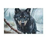 Puzzles pour Adultes Et Adolescents Frostbitten Shadows The Winter Wolf - Black Wolf with Blue Eyes Puzzles Anti-Stress, À La Fois Amusants, Humoristiques Et Stimulants 1000pcs(75x50cm)