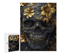 Puzzles pour Adultes Et Adolescents Golden Skull with Flowers Puzzles pour Adultes, Jeu Familial Difficile, Défi Idéal comme Cadeau 500 PCS