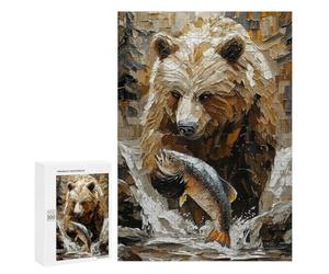 Puzzles pour Adultes Et Adolescents Grizzly Bear Fishing in Dynamic Impasto Style Puzzles pour Adolescents, Jeu Familial, Vacances À La Maison, Passe-Temps, Interaction Parent-Enfant 300 PCS