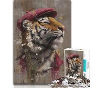 Puzzles pour Adultes et Adolescents Puzzle Tigre Portant Un Chapeau, Casse-tête, idéal comme Cadeau pour Toute la Famille Convient pour Et 14 38x26cm