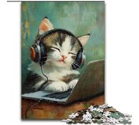 Puzzles pour Adultes et Adolescents, Puzzles Chat écoutant de la Musique, pour et à partir de 14 Ans, Jouets éducatifs et éducatifs, Jeux de Famille, Cadeau d'anniversaire (Taille 26x38cm)