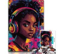 Puzzles pour Adultes Fille Noire écoutant de la Musique Puzzles pour Adultes 1000 pièces Jouet éducatif Anti-Stress Superbes Cadeaux et Jouets (50x75cm)