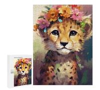 Puzzles pour Adultes Floral Crowned Leopard Cub Puzzles pour Adolescents Cadeau d'anniversaire Stimule Le Cerveau Jeu Stimulant Cadeaux 500 PCS