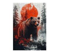 Puzzles pour Adultes Grizzly Bear in Forest with Red Sun Puzzle pour Adultes, Jouet, Décoration Murale, Cadeau d'anniversaire Amusant Et Humoristique, Cadeaux, 1000pcs(38x26cm)