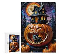 Puzzles pour Adultes Halloween Pumpkin with Black Cat Puzzles pour Adolescents Cadeau d'anniversaire Stimule Le Cerveau Jeu Stimulant Cadeaux 300 PCS