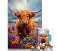 Puzzles pour Adultes Highland Cow and Flowers 1 000 pièces pour Adolescents Collection de Jeux intellectuels Beaux-Arts 38x26cm