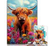 Puzzles pour Adultes Highland Cow and Flowers 1000 pièces Puzzles pour Adolescents et Adultes renforcent l'amour Entre Les Couples à partir de 14 Ans 38x26cm