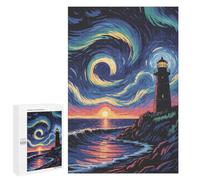 Puzzles pour Adultes Lighthouse at Sunset with Swirling Sky Puzzle : Jeu Manuel Amusant Et Humoristique, Cadeau d'anniversaire, Cadeaux, 1000 PCS