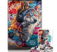 Puzzles pour Adultes Loup avec Casque Puzzles 1000 pièces pour Adolescents Cadeaux Jouets Jeux éducatifs Soulagement du Stress Liste de souhaits avec Père Noël 75x50cm