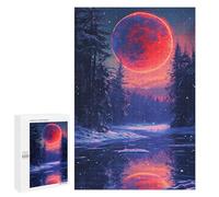 Puzzles pour Adultes Magical Winter Forest with Giant Red Moon Puzzles pour Adolescents Cadeau d'anniversaire Stimule Le Cerveau Jeu Stimulant Cadeaux 1000 PCS