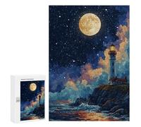 Puzzles pour Adultes Moonlit Coastal Lighthouse Scene Puzzles pour Adultes : Anti-Stress, Difficile Et Stimulant, pour des Soirées Jeux en Famille 300 PCS