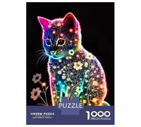 Puzzles pour adultes, puzzle lumineux de chat floral, 1000 pièces, jeu interactif, cadeau d'anniversaire, unique 70 x 50 cm/1000 pièces