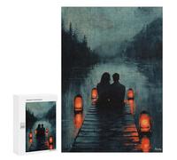 Puzzles pour Adultes Romantic Couple on Dock with Lantern Glow at Dusk Puzzle : Jeu Manuel Amusant Et Humoristique, Cadeau d'anniversaire, Cadeaux, 300 PCS