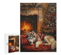Puzzles pour Adultes Sleeping Husky Dog by Fireplace Christmas Scene Puzzles pour Adolescents, Jouets Anti-Stress, Décoration Murale, Cadeaux Uniques pour Anniversaire Et Noël 500 PCS