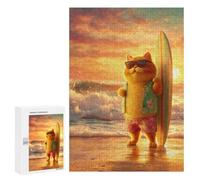 Puzzles pour Adultes Surfing Cat Sunset Beach Puzzles pour Adolescents Cadeau d'anniversaire Stimule Le Cerveau Jeu Stimulant Cadeaux 300 PCS