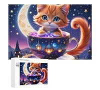 Puzzles pour Adultes1000 PCS Magical Night Tea Cup Cat Puzzles pour Adultes - Décoration Murale - Loisirs À La Maison - Activités Amusantes À Faire chez Soi 1000 PCS