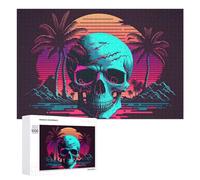 Puzzles pour Adultes1000 PCS Neon Skull Sunset Palm Trees Puzzles pour Adultes - Décoration Murale - Loisirs À La Maison - Activités Amusantes À Faire chez Soi 1000 PCS