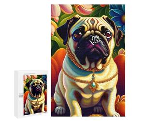 Puzzles pour Adultes1000 PCS Royal Pug in Flowers Puzzle pour Adultes - Jeu De Réflexion - Assemblage De Motifs - Idée Cadeau Unique pour Un Anniversaire 1000 PCS