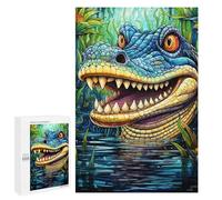 Puzzles pour Adultes1000 PCS Stained Glass Crocodile in Pond Puzzle Décoratif Mural - Niveau Difficile - Idéal comme Cadeau pour Toute La Famille 1000 PCS