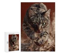 Puzzles pour Adultes300 PCS Focused Tabby Cat Leaping Forward Puzzles pour Adultes - Jeu Familial - Cadeaux pour Femmes - Jeu Stimulant
