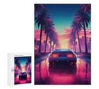 Puzzles pour Adultes300 PCS Neon Palm Cityscape with Retro Car Puzzles pour Adolescents pour S'amuser en Famille Difficile Et Stimulant Un pour Les Jeux 300 PCS