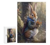 Puzzles pour Adultes300 PCS Rabbit Holding Flowers Art Print Puzzle pour Adultes - Jeu De Réflexion - Assemblage De Motifs - Idée Cadeau Unique pour Un Anniversaire 300 PCS