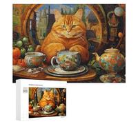 Puzzles pour Adultes300 PCS Tea Time with A Ginger Cat Puzzle Décoratif Mural - Niveau Difficile - Idéal comme Cadeau pour Toute La Famille 300 PCS