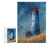Puzzles pour Adultes300 PCS Watercolor Lighthouse Art Blue Lighthouse with Grasses Calm Coastal Print Puzzle pour Adultes : Un Jeu Manuel Amusant Et Anti-Stress, Idéal pour Se Détendre 300 PCS