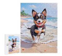 Puzzles Pour Adultes500 PCS A Very Cute Adorable Puppy, Black Red White Combined Complexion, Playing at Sea Beach, Ver Puzzles Pour Adolescents Jeux Relaxants Pour S'amuser En Famille Activités Amusan