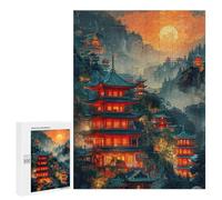 Puzzles pour Adultes500 PCS Chinese Temple Sunset Landscape Puzzles pour Adolescents pour S'amuser en Famille Difficile Et Stimulant Un pour Les Jeux 500 PCS