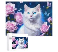 Puzzles pour Adultes500 PCS Magical White Cat with Pink Roses Puzzles pour Adultes - Décoration Murale - Loisirs À La Maison - Activités Amusantes À Faire chez Soi 500 PCS