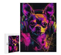 Puzzles pour Adultes500 PCS Neon Chihuahua Headphones Art Print Puzzles pour Adolescents pour S'amuser en Famille Difficile Et Stimulant Un pour Les Jeux 500 PCS